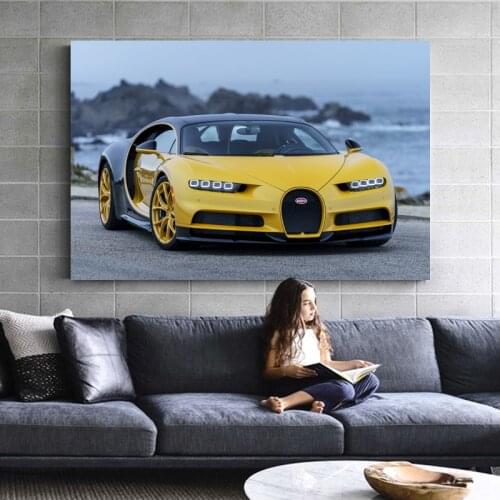 Sportscar Bugatti Chiron Yellow Car Seaside Canvas Paintings Posters Wall Art Prints for Living Room Decor