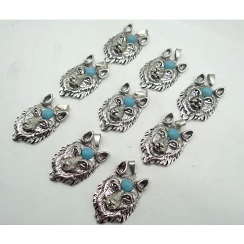 Natural Stone Turquoises Quartz crystal Antiek Zilver Zinklegering Wolf head Pendant for diy making necklace Accessories5pcs
