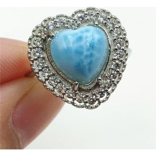 10x10mm Namibia Natural Larimar Blue Dominia Heart Adjustable Ring Water Pattern Larimar 925 Sterling Silver AAAAAA