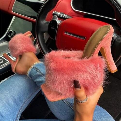 Big Size 35-43 New Ladies High Heel Fur Sandals 2021 Summer Sandals Fashion Fur Women Slip on Casual Slippers Sandalias Mujer