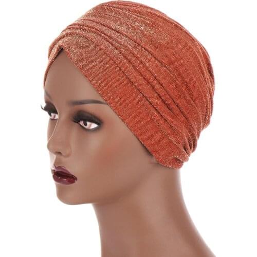 2020 New Women Glitter Turban Hat Muslim Crinkle Headwraps Bonnet Solid Color Ruffle India Cap Islamic Hijab Underscarf Cap