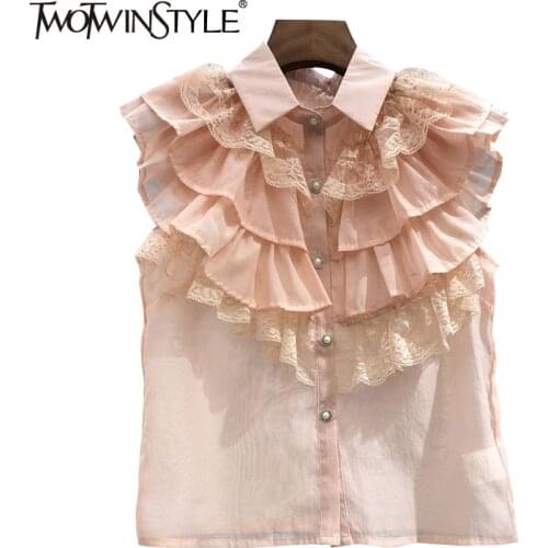 TWOTWINSTYLE Pink Elegant Patchwork Lace Shirts For Women Lapel Sleeveless Straight Slim Blouses Female 2021 Summer Fashion