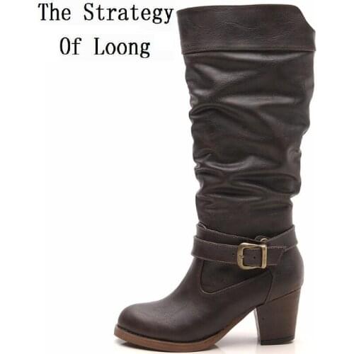 Women Spring Autumn Winter Buckle Vintage Thick Heels Half Boots Leather Short Plush Thick Warm Lady Retro Mid Calf Boot