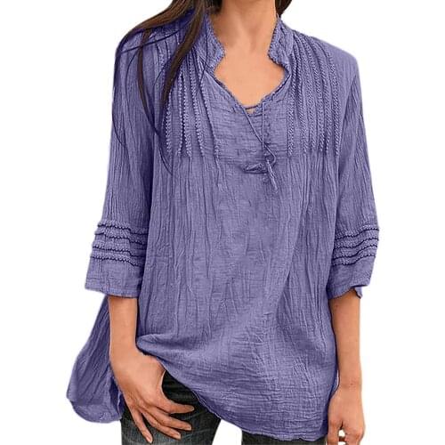 Womens Tops And Blouses Women Flared Sleeve Tops V-neck Lace Splicing Fold Three Quarter Sleeve Blouse Blusas Mujer De Moda 2021