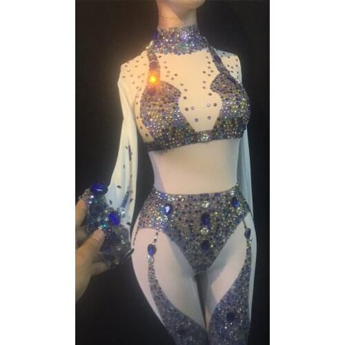 Fashion Colorful Stones Jumpsuit Crystals Mesh Costume Women stage Performance Dance Net Yarn Bodysuit Nightclub Wear DWY1368
