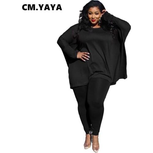 CM.YAYA Women Plus Size Tracksuit Solid Full Batwing Sleeve O-neck Loose Tops Skinny Pants Two 2 Piece Sets Fashion Outfit Fall