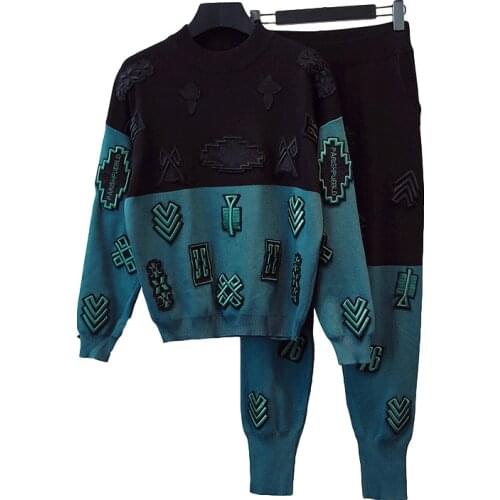 Spring Fashion Knitted Outfits Women Patchwork Embroidery Sweater Long Pants Two Piece Set Female Loose Casual Sports Knit Suit