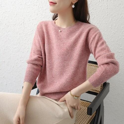 Best Quality Colorful Yarn Knitting Sweaters Women 100% Merino Wool Winter Thick Warm Oneck Pullovers Female 4Color Long Sleeve