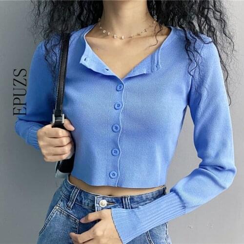 2021 spring white cropped cardigan Women crop sweater Sexy long sleeve button knitted cardigan Korean girl top Streetwear