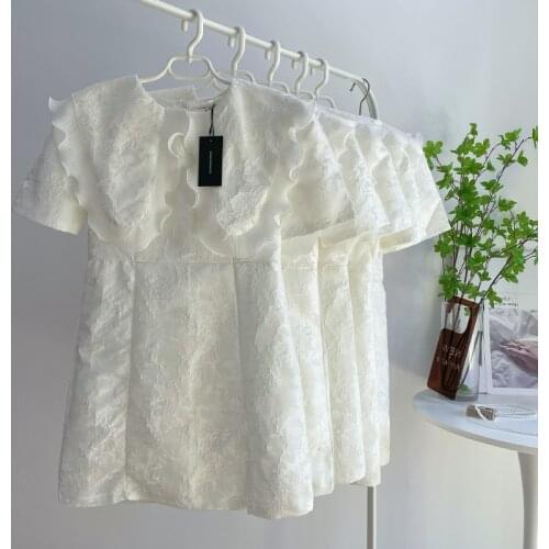 Zoki Elegant White Women Mini Dress High Waist Lace Peter Pan Collar Party Dress Tunic Summer Short Sleeve Cotton Tunic Vestidos