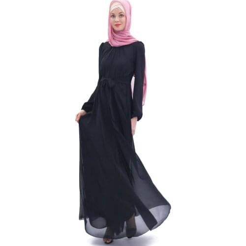 Womens Bishop Sleeve Self Tie Maxi Dress Elegant Simple Design Plain Chiffon Big Swing Flowy Long Dress Muslim Abaya Robe Sundy