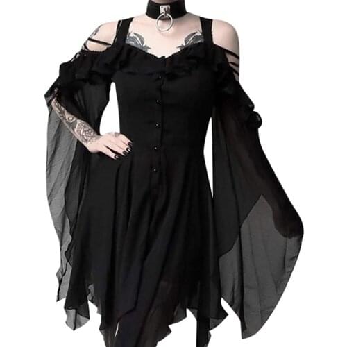 2021 Fashion Summer Dress Women Dark Black Ruffle Sleeves Off Shoulder Gothic Dress Vestidos Spring Party Dress Ropa Mujer