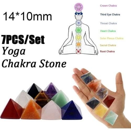 7pcs/set Natural Crystal Semi-precious Stone Pyramid Cone Ring Face Seven Chakras Yoga Black Cloth Bag Grain Polished Collection