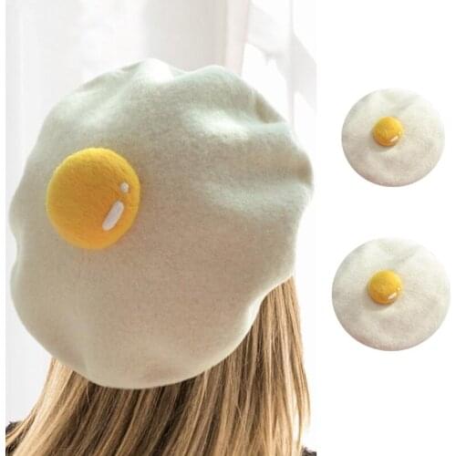 Parent-Child Winter Faux Wool Beret Cap Creative Kawaii Cute Poached Egg Vintage Warm Artist Painter Beanies Hat for Women