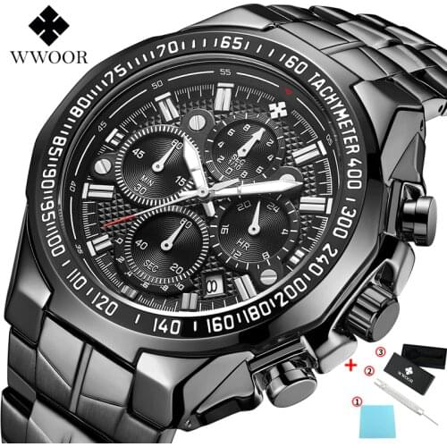 Relojes Hombre 2020 WWOOR Watches Mens Top Brand Luxury Black Big Dial Chronograph Men Sport Waterproof Wrist Watch Montre Homme