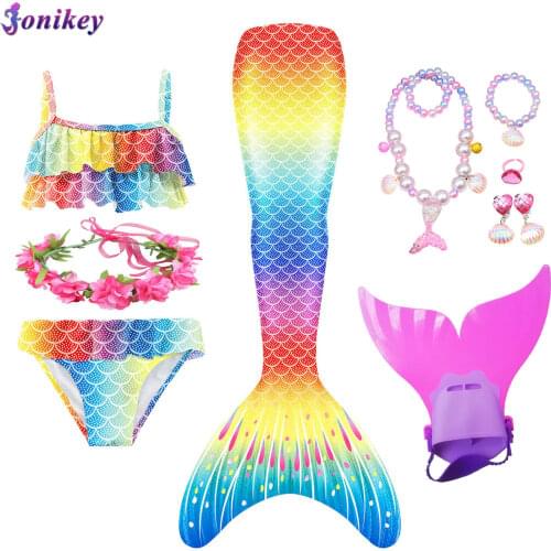 Kids Girls Swimming Mermaid tail Mermaid Costume Cosplay Children Swimsuit Beach Bikini can add Monofin Fin
