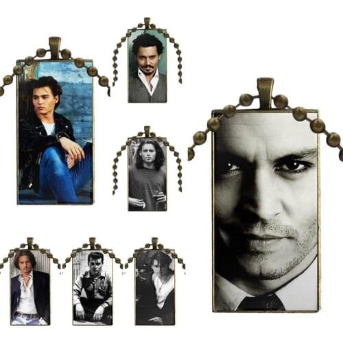For Girls Actor Johnny Depp Vintage Jewelry Bronze Plated With Glass Cabochon Choker Long Pendant Rectangle Necklace