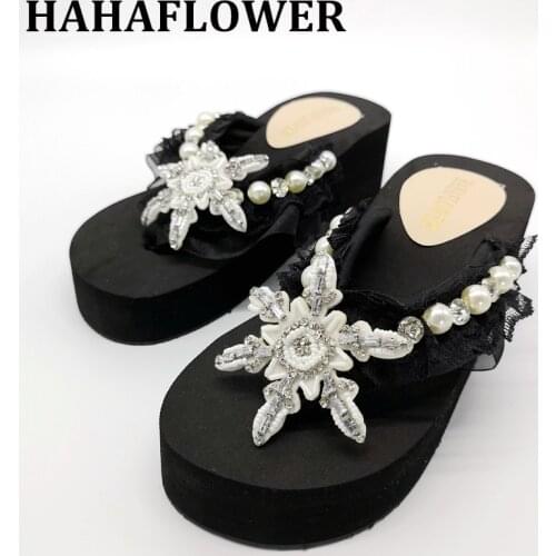 HAHAFLOWER Summer Women Beach Slippers Flowers Bling Pearl Sandals Home Flip flops Casual Shoes free shipping