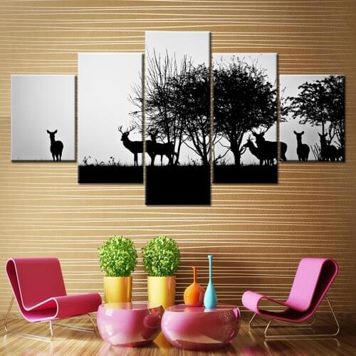 HD Prints Canvas Wall Art Home Decor Pictures 5 Pieces Black silhouette of a hunter and dog in the forest Posters Framework