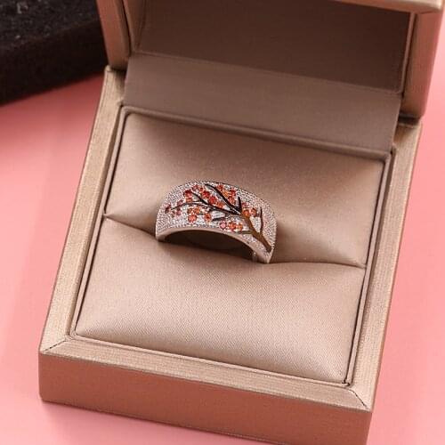 Creative Red Crystal Leaves Rings for Women Shiny Tree Branch Ring Unique Punk Black Gold Color Branch ring Jewelry gift