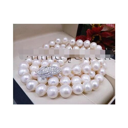 -33" 9-10mm natural white round freshwater pearl necklace -925 silver clasp