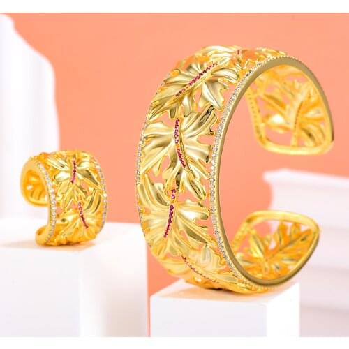 GODKI Luxury Trendy Gold Bangle Ring Set For Women Full Micro Cubic Zircon Pave Party Wedding Saudi Arabic Dubai Jewelry 2021