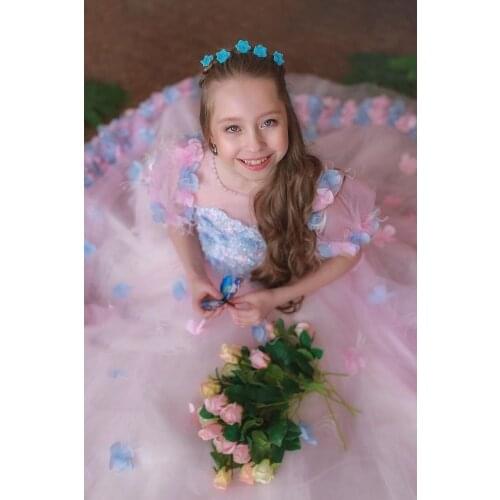 3D Flower Applique Flower Girls Dress Pretty Girls Photography Dresses Pink Princess Ball Gowns Custom