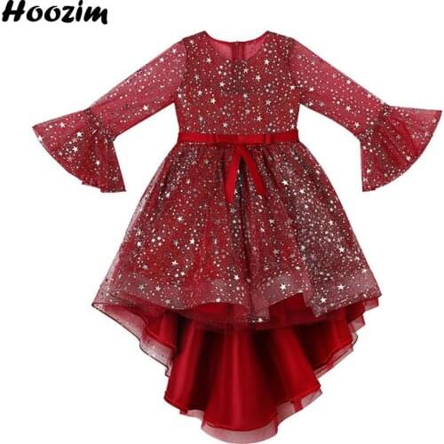 Luxury Red Shiny Star Tulle Flare Elbow Sleeve Pageant And Wedding Dress Girls 4 To 12 Year Prom And Soiree Asymmetrical Dresses