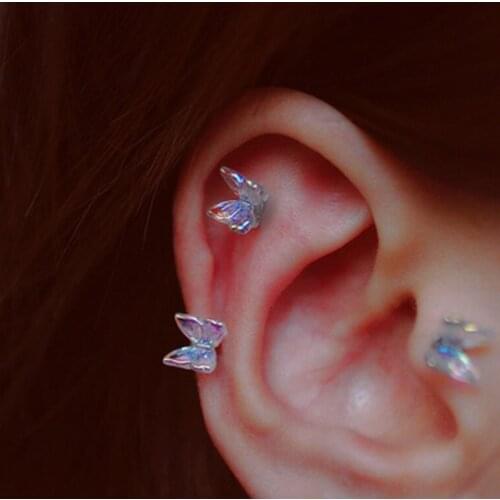 1Pcs INS Little Butterfly Stud Tragus Earring For Women Acrylic Rainbow Titanium Steel Screw Piercing Mid Low Helix Earring