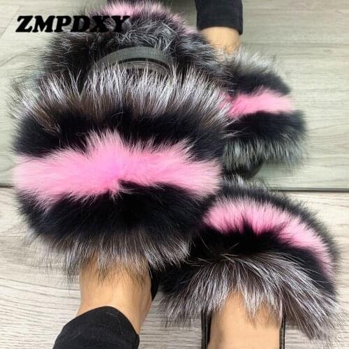 Women Fox Fur Slides Real Fur Slippers Cute Plush Natural Color Raccoon Fur Sandals Amazing Summer Beach Flip Flops Wholesale