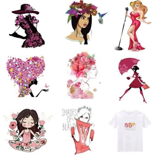 Iron-on Transfers for Clothing Patches Fashion Lady Thermo Stickers Diy Flower Patch Fusible Transfer Vinyl Adhesive Stripe I
