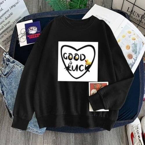 Black Hoodie Oversize Women Crewneck Sweatshirt Letter Casual Fashion Fall Good Luck Long Sleeves Tops Mujer Invierno 2021