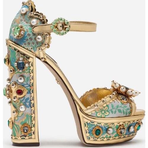 Ladies Royal Floral Jacquard Satin Sandals Pearl Gemstone Jeweled 14 cm Chunky Heels Ankle Strap Crystal Party High Heeled Shoes