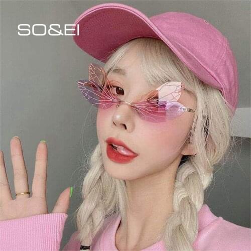 SO&EI Fashion Unique Dragonfly Wing Shape Rimless Sunglasses Women Vintage Clear Ocean Lens Eyewear Ins Popular Men Sun Glasses