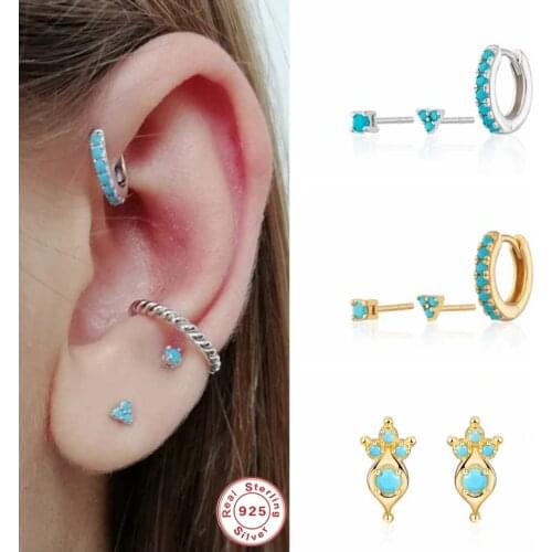 Genuine 925 Sterling Silver Vintage Earring Bohemia Bling Turquoise Piercing Stud Earrings For Women Girls lovers' Charm Gifts