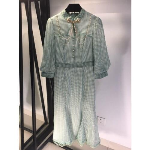 Fashion 2021 new women mid-sleeve stand-collar plaid beaded mid-length fishtail dress 0325