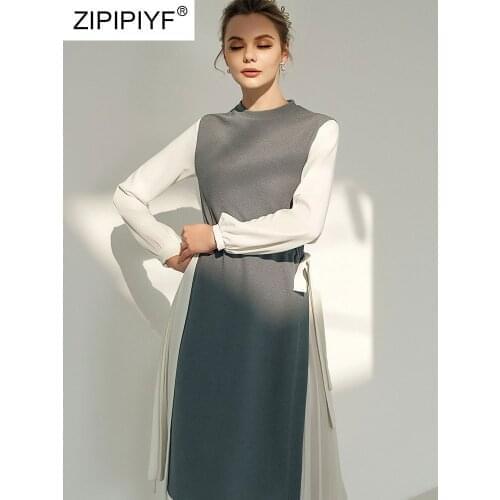 2021 Summer Runway Fashion Mid Waist Chiffon Patchwork O Neck Long Lantern Sleeve Bow Design Knee Length Office Lady Dress Z035