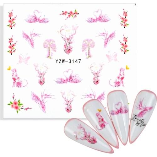 1 Sheet Pink Elk Nail Sticker DIY Stickers Black Flowers Nail Watermark Nail Sticker Bouquet Nail Art Transfer Sticker Christmas