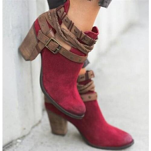 Rome Khaki Ankle Boots Vintage Leather Causal Chunky High Heels Ladies Snow Boots Buckle Strap Studded Cowboy Shoes For Women