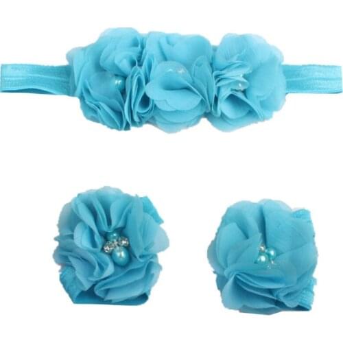 Childrens hand-stitched chiffon rhinestone flower headband foot flower set baby wrist flower Hair Accessorie
