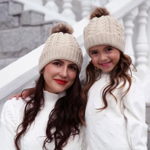 Mom & Kids Boy Girls Winter Warm Double Pom Bobble Knit Beanie Hat Kid Cap 2PCS