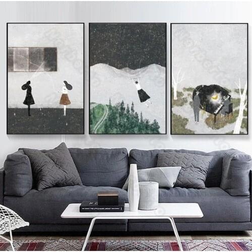 Canvas Painting Poster Print Cartoon Boys and Girls In Fairyland Playing Piano for Girls' Bedroom Home Gallery Wall Decoration