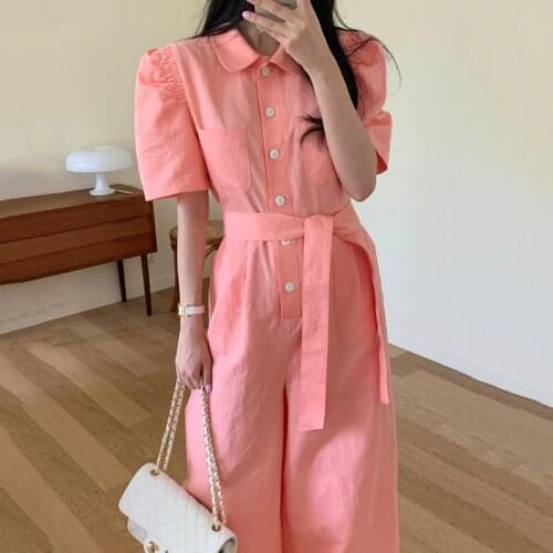 Loose Single Breasted Bubble Sleeve Overalls Jumpsuit Women Temperament Lace-up Collect Waist Wide Legs Jumpersuits