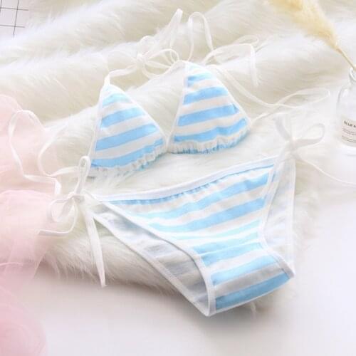 Girls Teenage Underwear Sets Kids Girls Striped Training Bras Sets Lace Underwear Blue Pink Low Waist Girls Bikini Sets KUA01