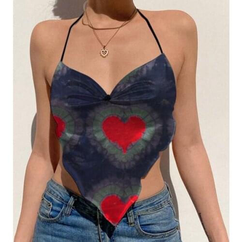 Women Halter Crop Cami Tops, Sexy Sleeveless Heart Tie-Dye Print Slim Fit Camisole