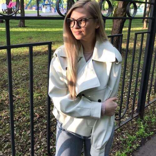 New Arrivals Women Faux Leather Jacket Pu Motorcycle Biker Beige Leather Coat Fashion Turndown Collar Loose Streetwear
