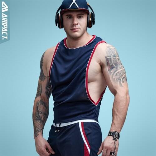 Aimpact Mens Vigor Tank Tops Fitness Bodybuiding Clothing Low Cut Side Arm Holes Mesh Activewear Summer Vest Tank Tops SXB051