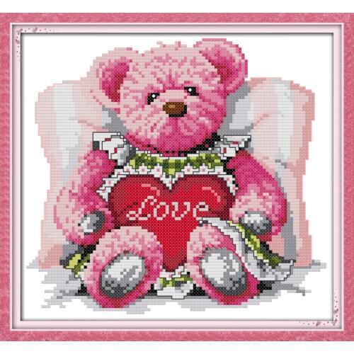 Joy Sunday Cartoon Style Pink Bear Cross Stitch Patterns Needlework Embroidery Kits 11CT 14CT Printed on Canva Painting