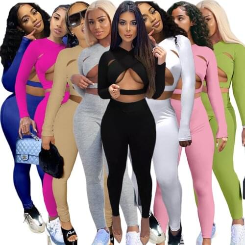 New 2021 Solid Sexy 2 Two Piece Legging Sets Womens Outfits Cross Hollow Long Sleeve Crop Top Tracksuit Wholesale Clothes