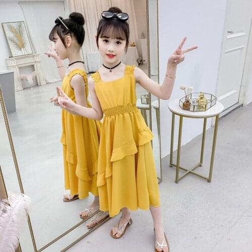 New girls dresses summer Korean net red childrens clothing, big childrens pure color foreign style childrens chiffon skirt
